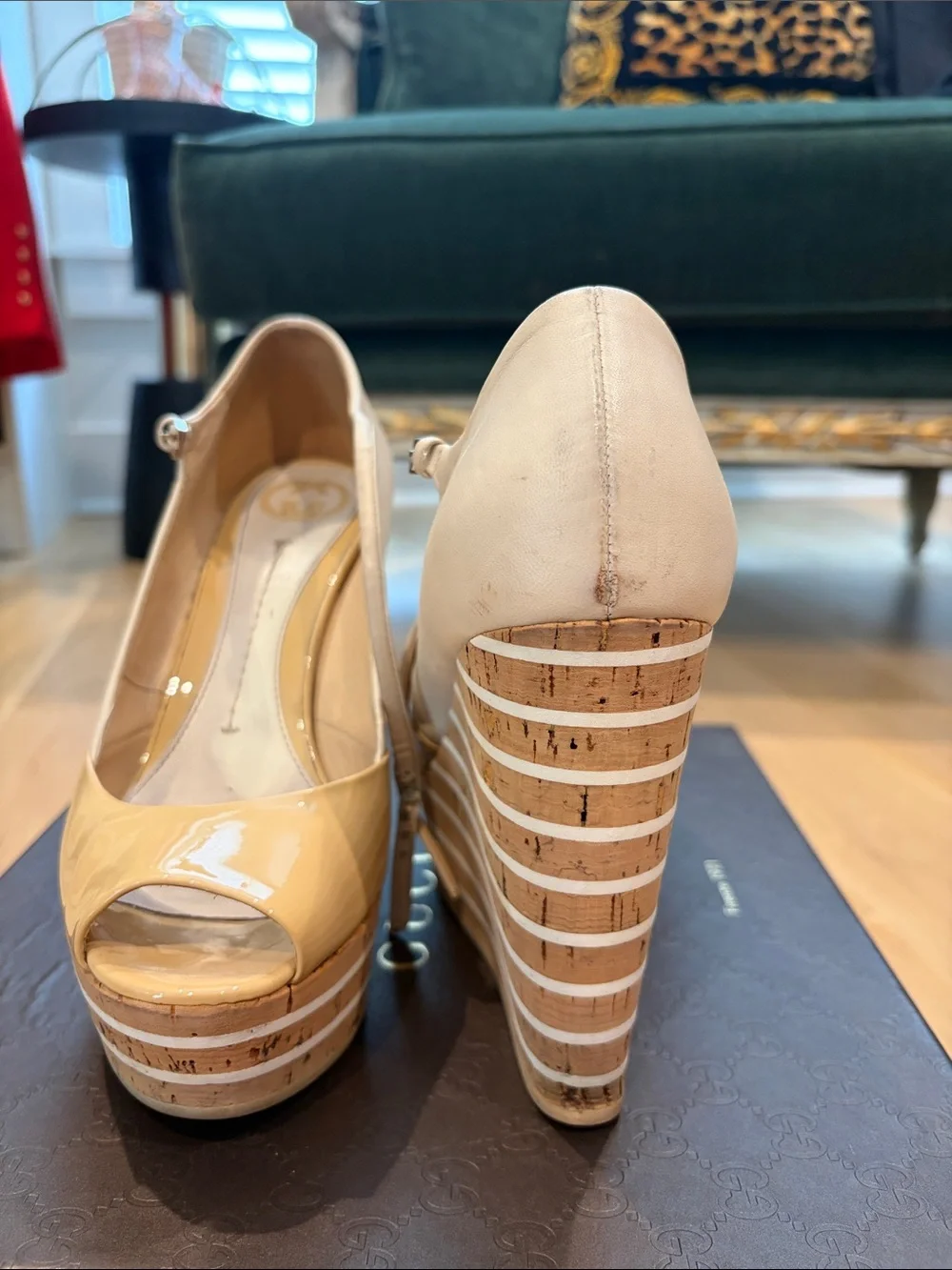 Gucci Yellow Patent Leather Peep-Toe Platform Heels with Ankle Strap